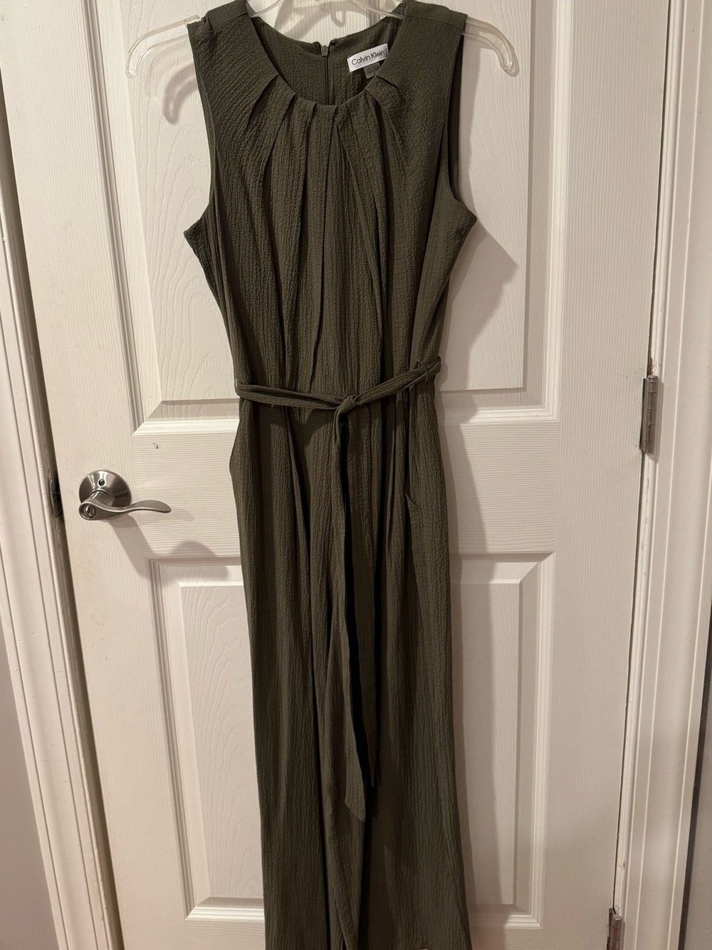 Calvin Klein Olive Green Sleeveless Pleated jumpsuit with Tie Waist